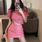 Striped T-shirt / Denim Mini Pencil Skirt