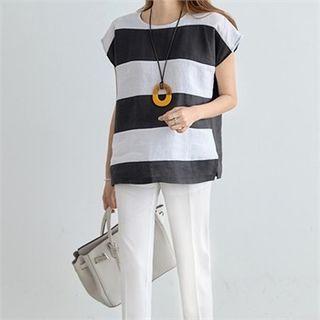 Cap-sleeve Striped Linen Top