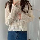 Long-sleeve Cutout Crochet Flower Knit Top