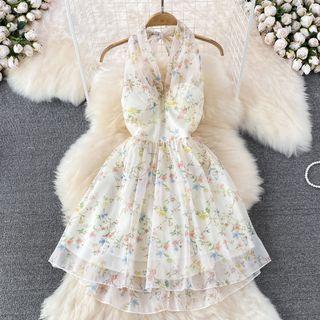 Halter Open Back Embroidered A-line Mini Dress
