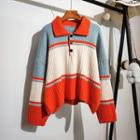 Polo Collar Color-block Loose-fit Sweater