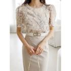 Puff-sleeve Floral Blouse Beige - One Size
