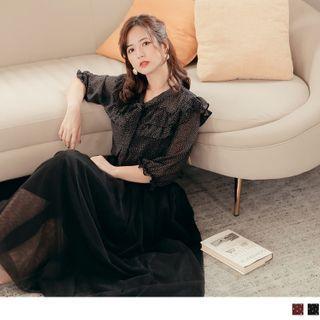 Elbow Sleeve Dotted Ruffle Blouse