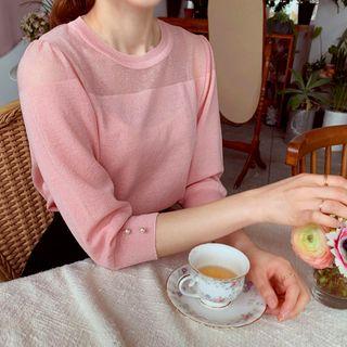 3/4-sleeve Faux-pearl Sheer Knit Top