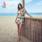 Short-sleeve Palm Tree Print Swimdress