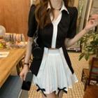Short-sleeve Contrast Trim Crop Shirt / Bow-accent Pleated Mini A-line Skirt
