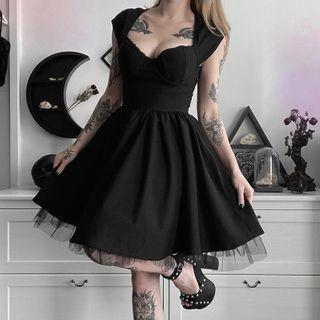 Mesh Panel Cap-sleeve Mini A-line Dress