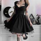 Mesh Panel Cap-sleeve Mini A-line Dress