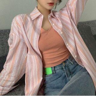 Long-sleeve V-neck Knit Top / Striped Shirt Jacket