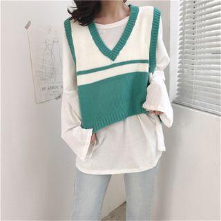 Color Block Knit Vest / Plain Long Sleeve T-shirt