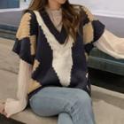 Color Block Sweater Vest / Puff-sleeve Blouse