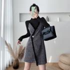 Set: Long-sleeve Knit Top + Plaid Mini Overall Dress