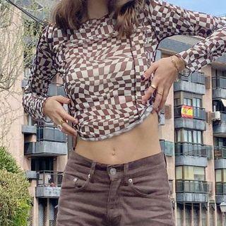Long-sleeve Check Crop Top