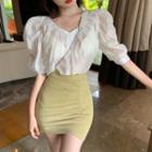 Balloon-sleeve Shirred Blouse / Asymmetric Pencil Skirt