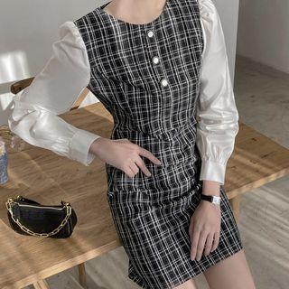Contrast Puff-sleeve Tweed Dress