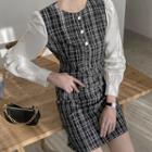 Contrast Puff-sleeve Tweed Dress