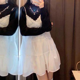 Knit Top / Lace Trim Overall Dress / Double-breasted Coat