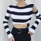 Striped Cut Out Shoulder Cropped Long Sleeve Top