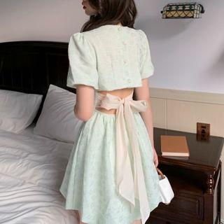 Short-sleeve Cut-out Ribbon Mini A-line Dress