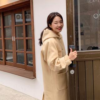Hooded Wool Blend Long Coat Yellow - One Size