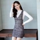 Long-sleeve Mock-neck Knit Top / Plaid Overall Dress / Set