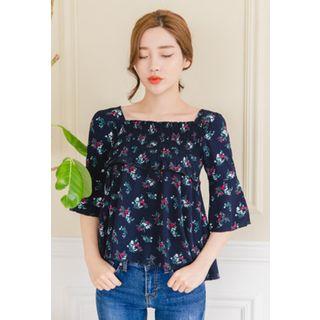 Square-neck 3/4-sleeve Floral Print Top