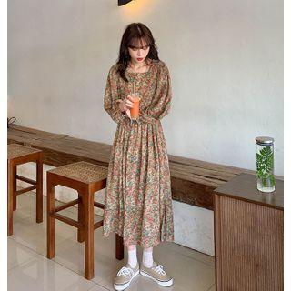 Long-sleeve Square-neck Floral Dress As Shown In Figure - One Size