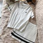 Set: Contrast-trim Polo Shirt + Pleated Skirt