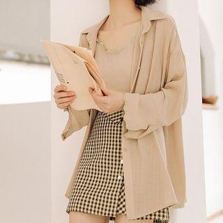 Set: Lace Trim Shirt + Lace Trim Camisole Top As Shown In Figure - One Size