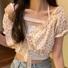 Puff-sleeve Floral Print Crop Top / Camisole Top