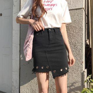 Eyelet Detail A-line Denim Skirt