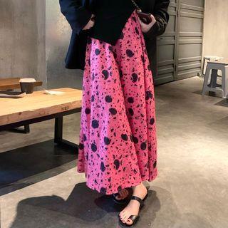 Dotted Midi A-line Skirt Black & Pink - One Size