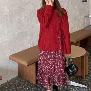 Slit Sweater / Long-sleeve Floral Print Midi A-line Dress / Set