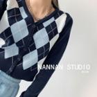 Argyle Button-up Crop Knit Top