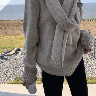 Round-neck Melange Knit Top With Scarf