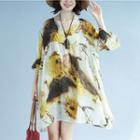 3/4-sleeve Flower Print V-neck Chiffon Dress