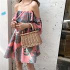 Leaf Print Off-shoulder 3/4 Sleeve A-line Dress