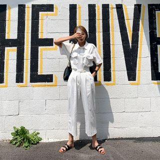 Set: Epaulet Loose-fit Shirt + Wide-leg Pants