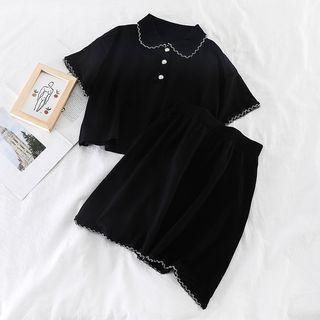 Set: Short-sleeve Knit Top + High-waist Skirt Black - One Size