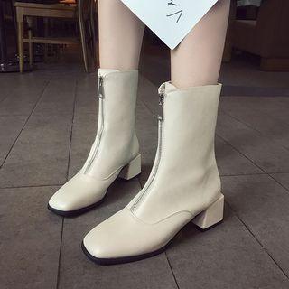 Faux Leather Block Heel Front-zip Short Boots