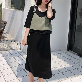 Mock Two-piece Short-sleeve Midi T-shirt Dress