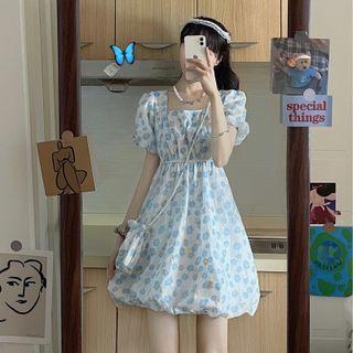 Set: Puff-sleeve Floral Print Mini A-line Dress + Crossbody Bag