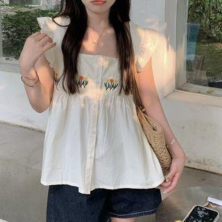 Sleeveless Ruffle Flower Embroidered Blouse Almond - One Size