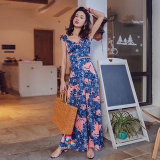 Set: Sleeveless Frill Trim Floral Cropped Top + Wide-leg Pants