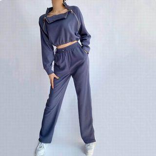 Set: Half-zip Cropped Sweatshirt + Straight Leg Pants