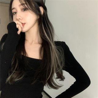 Plain Square-neck Long-sleeve Slim-fit T-shirt - 3 Colors