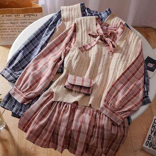 Set: Sweater Vest + Long-sleeve Plaid Dress