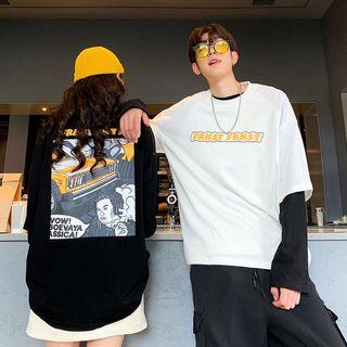 Couple Matching Elbow-sleeve Comic Print T-shirt