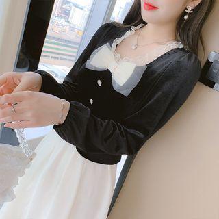 Mock Two-piece Long-sleeve Lace Trim Bow Midi A-line Dress