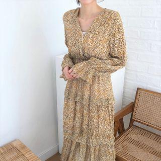 Long-sleeve Floral Print Midi Layered Chiffon Dress Yellow - One Size